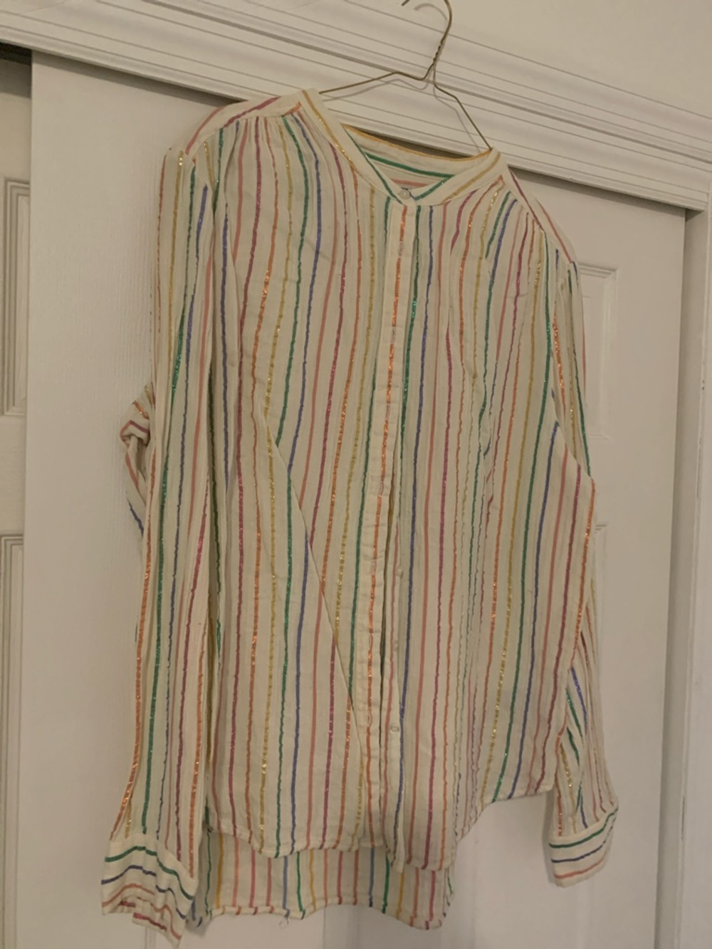 GAP Cream Button-Up Blouse with Rainbow Stripes